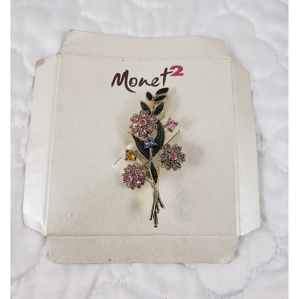(Ju) Vintage Monet 2 Floral Rhinestone Pin Brooch w Enamel Leaves & Gold Tone